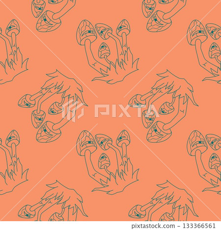 Seamless pattern of abstract groovy style mushroom on orange background. Botanical design with cartoon character for fabric wallpaper and decorative art. 133366561