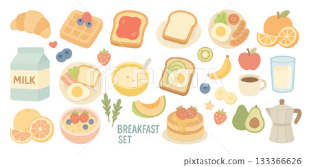 Natural breakfast set illustration of ingredients and drinks, Natural Breakfast 133366626