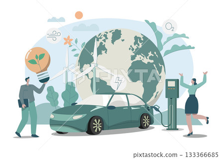 Eco friendly sustainable, Wind turbine and Electric car charging station conserves nature, Clean green energy from renewable sources concept. Vector design illustration. Eco friendly sustainable, Wind turbine and Electric car charging station conserves nature, Clean green energy from renewable sources concept. Vector design illustration. 133366685