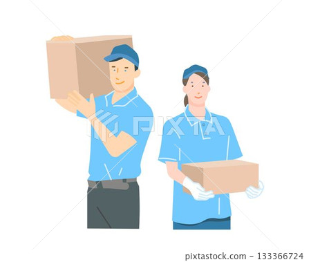 插圖素材，描繪了在卡車司機、物流、搬家公司、倉庫、配送業工作的男女員工。 133366724