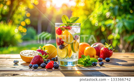 Refreshing glass of infused water with lemon, berries, and mint on wooden table in sunny garden 133366742