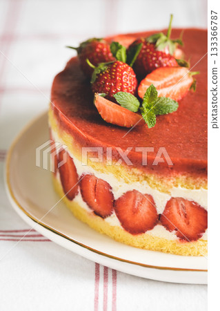 French strawberry cake Fraisier on white plate. 133366787