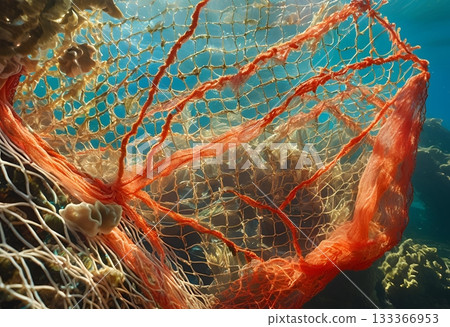 Entangled red-white fishing nets float near a coral reef. AI Generated Entangled red-white fishing nets float near a coral reef. AI Generated 133366953