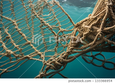 Heavy fishing net submerged in clear blue ocean water. AI Generated Heavy fishing net submerged in clear blue ocean water. AI Generated 133366954