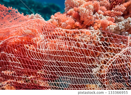 Pink fishing net suffocates vibrant pink coral reef. AI Generated Pink fishing net suffocates vibrant pink coral reef. AI Generated 133366955