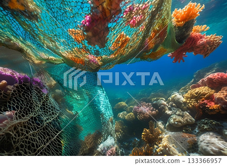 Ghost net entangles vibrant coral reef, ocean pollution. AI Generated Ghost net entangles vibrant coral reef, ocean pollution. AI Generated 133366957