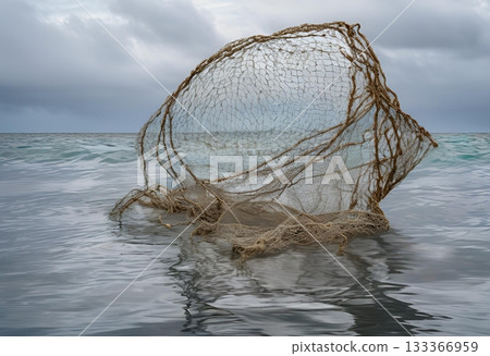 Ghost net floats ominously on choppy grey ocean surface. AI Generated Ghost net floats ominously on choppy grey ocean surface. AI Generated 133366959