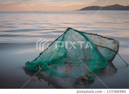 Green ghost net abandoned on beach at calm sunset. AI Generated Green ghost net abandoned on beach at calm sunset. AI Generated 133366960