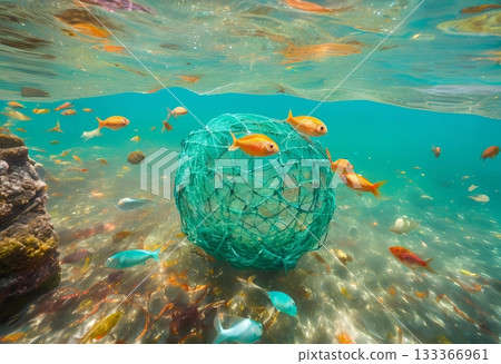 Green spherical net surrounded by colorful tropical fish. AI Generated Green spherical net surrounded by colorful tropical fish. AI Generated 133366961