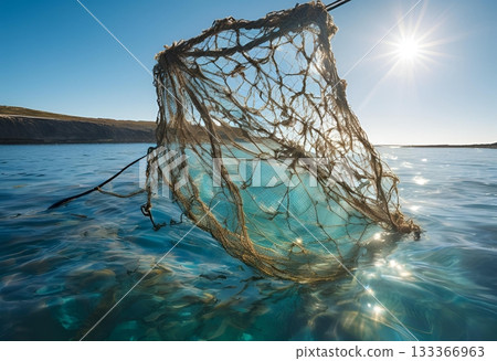 Sun shines on ghost net in clear shallow sea. AI Generated Sun shines on ghost net in clear shallow sea. AI Generated 133366963