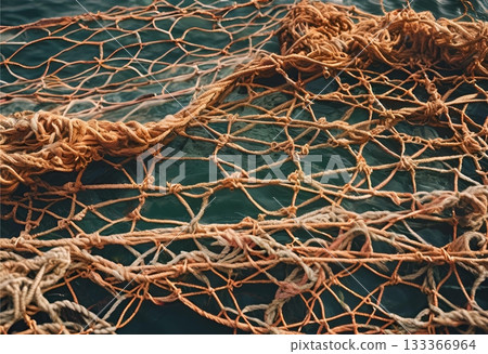 Tangled old fishing net floats on dark green water. AI Generated Tangled old fishing net floats on dark green water. AI Generated 133366964
