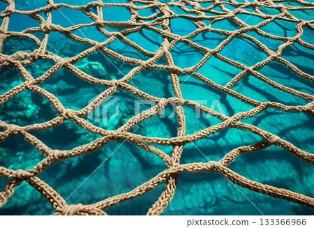 Thick rope net contrasts clear turquoise ocean water below. AI Generated Thick rope net contrasts clear turquoise ocean water below. AI Generated 133366966