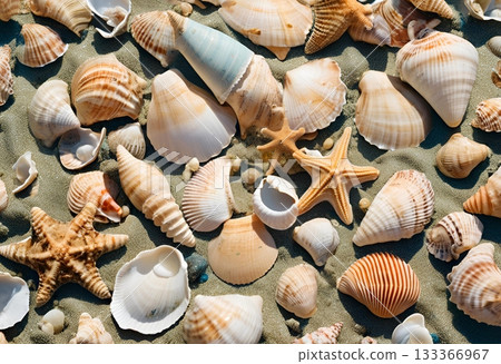 Assorted seashells and starfish scattered on textured beach sand. AI Generated Assorted seashells and starfish scattered on textured beach sand. AI Generated 133366967