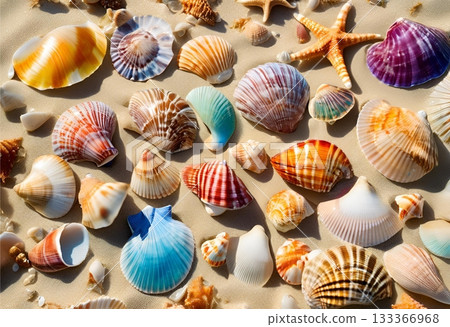 Colorful seashells and starfish arranged artfully on beach sand. AI Generated 133366968
