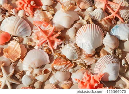 Peach and white seashells, starfish, coral, close-up arrangement. AI Generated Peach and white seashells, starfish, coral, close-up arrangement. AI Generated 133366970