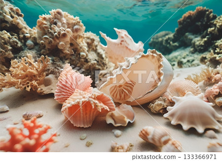 Seashells and coral on sandy seabed under clear water. AI Generated Seashells and coral on sandy seabed under clear water. AI Generated 133366971