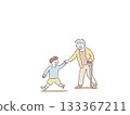 A boy walking while holding the hand of his grandmother who uses a cane A boy walking while holding the hand of his grandmother who uses a cane 133367211
