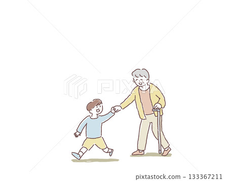 A boy walking while holding the hand of his grandmother who uses a cane 133367211