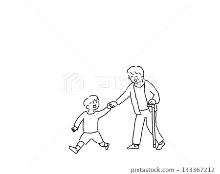 A boy walking holding the hand of his grandmother who uses a cane, line drawing 133367212