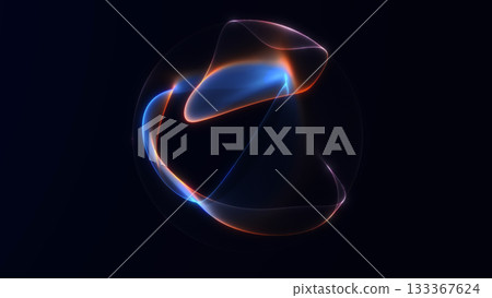 Abstract soft liquid sphere with smooth orange, blue and pink gradient light on a dark minimal background. Glowing dynamic curves create a futuristic flowing energy shape. 133367624