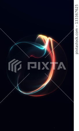 Vertical abstract glowing orb with pink and green flowing neon curves forming smooth dynamic energy shapes on a dark background. 133367625