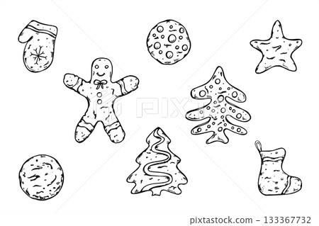 Monochrome vector clip art of Christmas gingerbread cookies painted by black inks. Men, star, mitten, boot, tree shape and simple round cookie etching drawing for holiday baking, festive recipe book 133367732