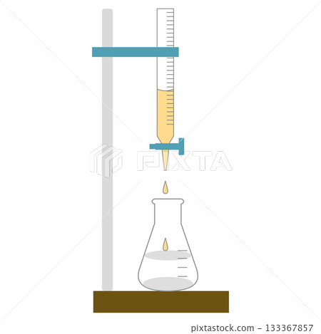 Chemistry Titration Laboratory Setup with Burette, Stand, and Erlenmeyer Flask, Scientific Measurement Experiment 133367857