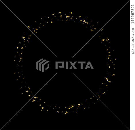 Golden serpentine ribbons frame. Confetti round banner. Luxury streamer 133367891