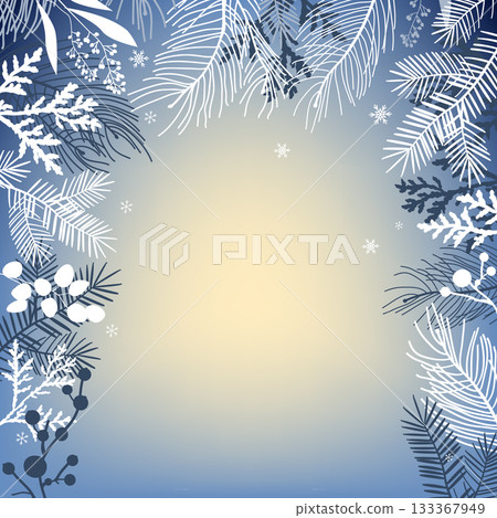 Christmas floral rectangle frame, Happy Holidays invitation card design vector. Elegant Happy New Year card with pine leaves, branches, snowflakes on blue background. Christmas floral rectangle frame, Happy Holidays invitation card design vector. Elegant Happy New Year card with pine leaves, branches, snowflakes on blue background. 133367949