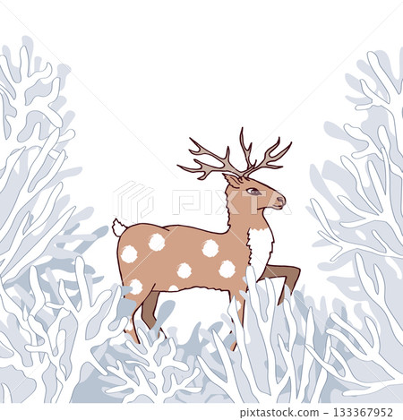 Cute reindeer in icy tree branches. Christmas fairy frame background, vector isolated illustration. Cute reindeer in icy tree branches. Christmas fairy frame background, vector isolated illustration. 133367952