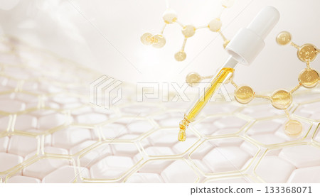 3d dropper with gold oil drop on skin layer. Liquid honeycomb cell texture with molecule. Vitamin serum for face with hyaluronic acid, retinol, collagen. Cosmetic skincare background. 3D illustration 133368071