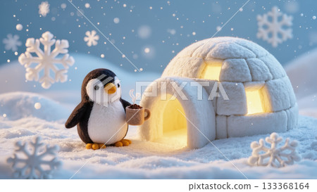 Christmas felt penguin holding cocoa cup near glowing igloo in snowy landscape with snowflakes, cute handmade winter scene with cozy atmosphere 133368164