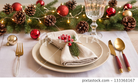 Christmas table setting with elegant white plates, gold cutlery, and fir napkin decoration, surrounded by festive lights and pinecones on white linen. Christmas table setting with elegant white plates, gold cutlery, and fir napkin decoration, surrounded by festive lights and pinecones on white linen. 133368167