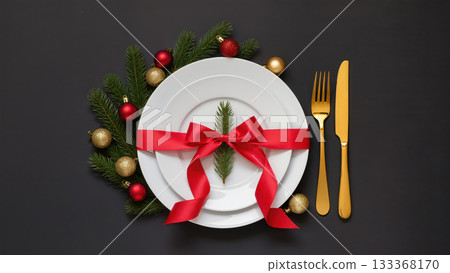 Christmas table setting with white plates, red ribbon bow, fir twig and gold cutlery on dark background. Festive and elegant holiday dinner decoration. 133368170