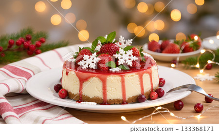 Christmas cheesecake with strawberries, red glaze and mint leaves, decorated with snowflakes on festive table. Holiday dessert with winter decor. 133368171