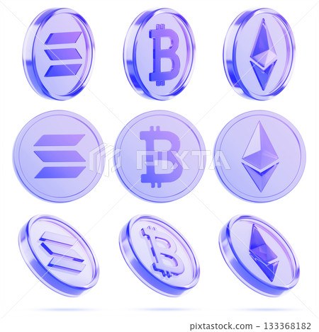 3d set of glass holographic cryptocoin of bitcoin, ethereum and solana. Purple digital currency, electronic money mining for cryptocurrency exchange market. Altcoins, coins and tokens. 3D illustration 133368182