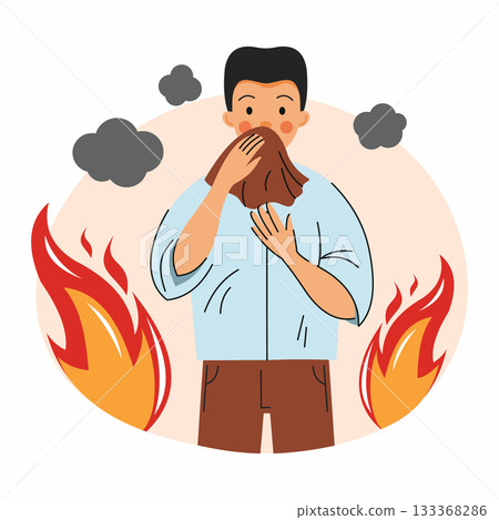 man covers his face with cloth. Protection against carbon monoxide poisoning. Fire safety measures. 133368286