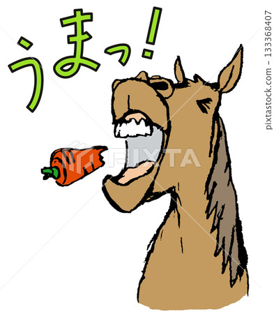 A horse roars after eating a carrot 133368407