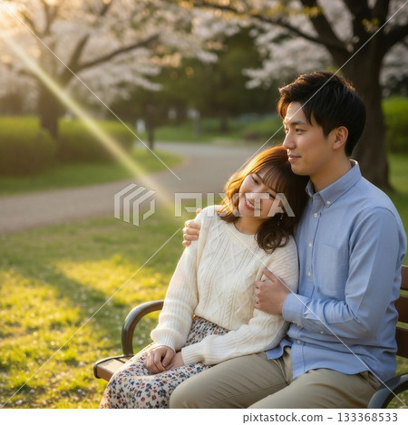 一對友善的年輕日本夫婦坐在公園長椅上。 一對友善的年輕日本夫婦坐在公園長椅上。 133368533
