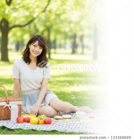 A young Japanese woman sitting on a seat and eating in the park A young Japanese woman sitting on a seat and eating in the park 133368689