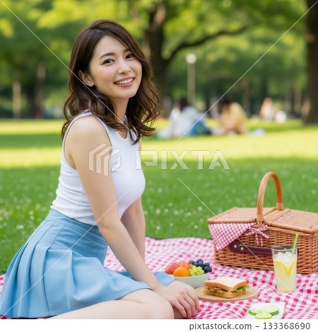 A young Japanese woman sitting on a seat and eating in the park A young Japanese woman sitting on a seat and eating in the park 133368690