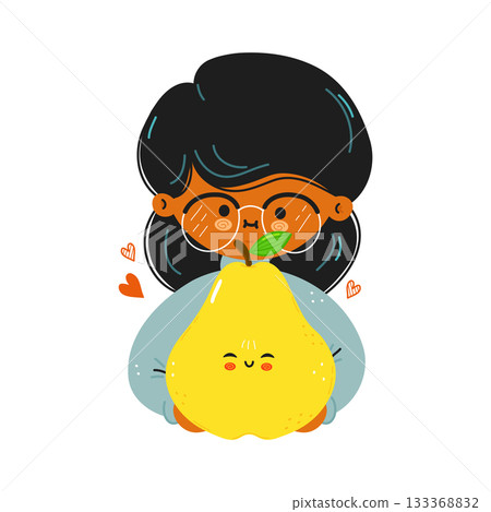 Cute girl holding happy cartoon pear character 133368832