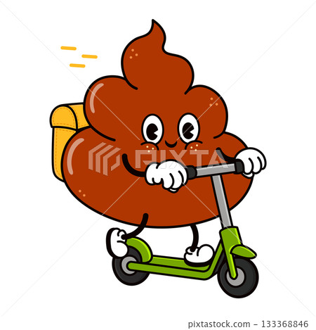 Poop character riding kick scooter delivering package 133368846