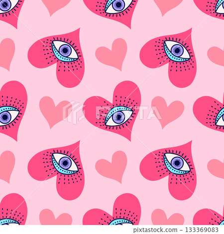 Seamless pattern of pink hearts with a mystical blue eye . Psychedelic, trendy vector for apparel, stationery, or fabric design. 133369083