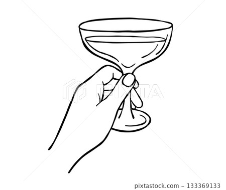Elegant glass of cocktail held in woman hand, minimalist line art sketch. Black and white vector drawing perfect for cocktail menu 133369133