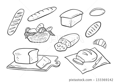 Hand drawn bread doodles featuring bakery sketches. Vector food illustrations with baguettes, croissants, and pastries in classic line art style for cafe branding. Hand drawn bread doodles featuring bakery sketches. Vector food illustrations with baguettes, croissants, and pastries in classic line art style for cafe branding. 133369142