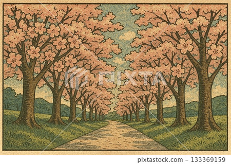 Cherry blossoms in full bloom, spring, street trees, woodblock print style Cherry blossoms in full bloom, spring, street trees, woodblock print style 133369159