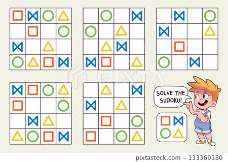 Set of picture sudoku puzzles with colored shapes 133369180