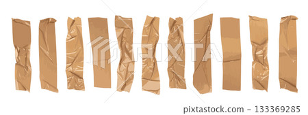 Brown scotch tape set, adhesive tape pieces isolated 133369285