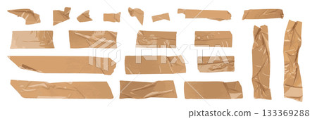 Brown scotch tape set, adhesive tape pieces isolated 133369288